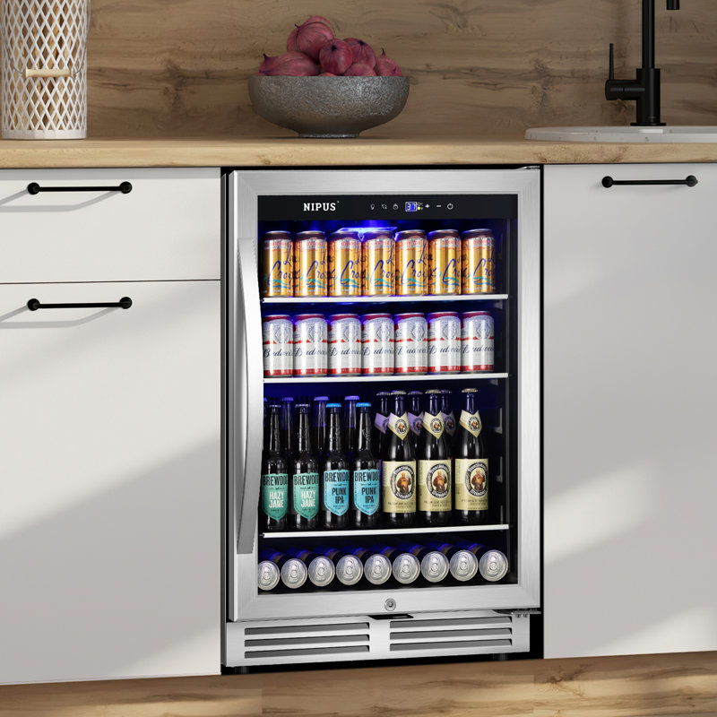 Nipus 24 Inch Beverage Refrigerator Cooler 190 Can Built In and Freestanding with Glass Door LED Light Safety Lock For Beer Wine Soda Drinks Classic Series Reviews Wayfair